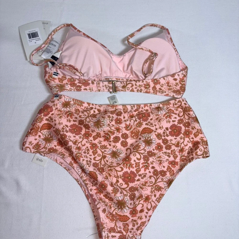 Billabong Bikini Set Medium Pink Floral NEW High Waist Ribbed Retro Rose Set